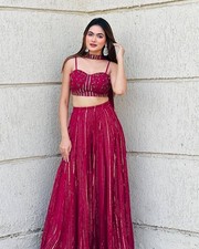 Women Maroon Sequins Lehenga Choli Set Indian Wedding Party Wear Crop Top Skirt
