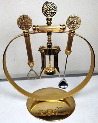 Vintage '60s Italy Made Brass Barware w Stand 3-Pc Corkscrew Bottle Opener Spoon