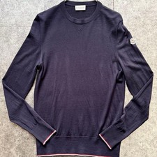 MONCLER Navy Knit Sweater Maglia Tricot Girocollo Logo Patch Tricolor Tight Fit