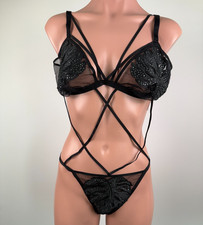 Victoria's Secret One Piece Mesh Strappy Teddy Bodysuit w/ Leafs Black Sz XL NWT