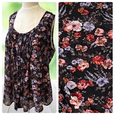 AMERICAN RAG Sheer Chiffon Tunic Top Black Floral Pintucks Dark Cottagecore 1X