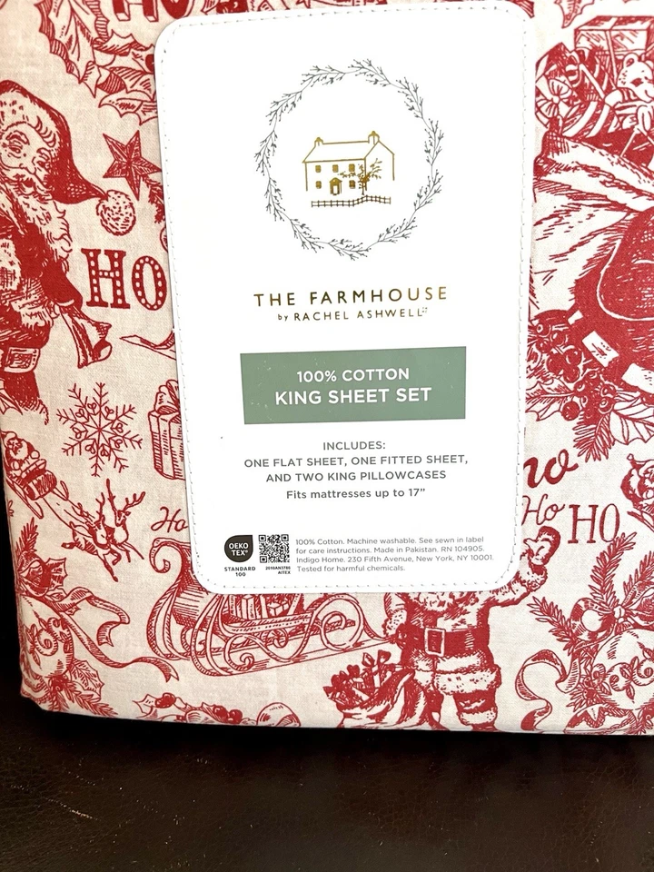 HoHoHo Santa Cotton Christmas 4 Piece King Size Sheet Set The Farmhouse New 2025 - Image 2 of 4
