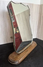 Vintage Beveled Army Shield Shaped Shaving  Mirror on Adjustable Wood Stand