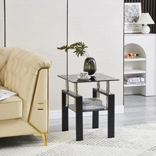 Tempered Black Glass Sofa Table with Double-Layer Storage Living Room Side Table