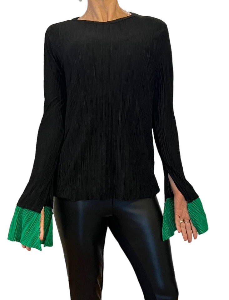 ZARA BLUSA MUJER NEGRA VERDE PUÑOS EN CONTRASTE PLISADA TEXTURIZADA TOP M Foto 3 de 4