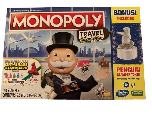 Monopoly Travel World Tour Edition Board Game with Penguin Stamper Token NEW