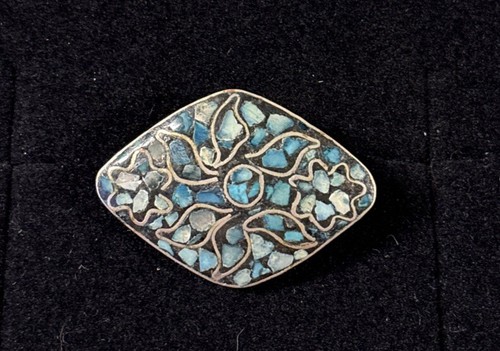 Vintage Inlaid Turquoise Flower Brooch India - Picture 3 of 12