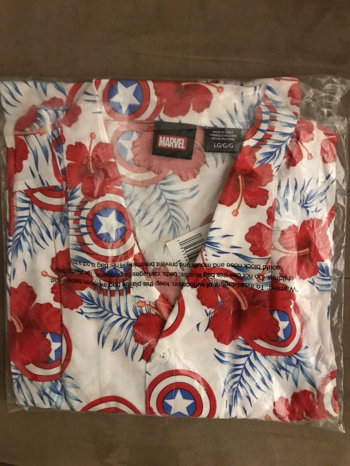 Large Marvel Avengers Captain America Hawaiian Island Button-Down Shirt Men's