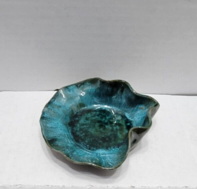 Leaf Shaped Trinket Dish Studio Art Pottery Hand Made Ceramic Blue Green Glaze