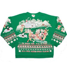 Vintage Nutcracker Christmas Sweatshirt Womens S Green CATS Sleigh Bubble Print