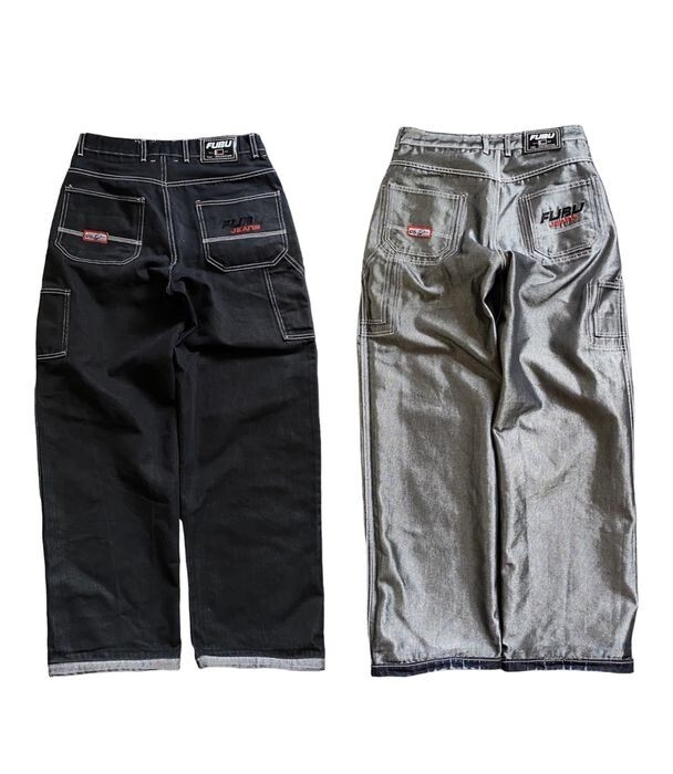 FUBU jeans, shiny gray, vintage baggy, silver, metallic, 90s FUBU jeans, shiny gray, vintage baggy, silver, metallic, 90s