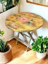 VTG Hand Painted Folding Wood Decorative Round 18" D Side Table Floral Gorgeous
