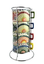 Pier 1 Imports Stackable Moroccan Boho Paisley Coffee Mugs Metal Rack Set