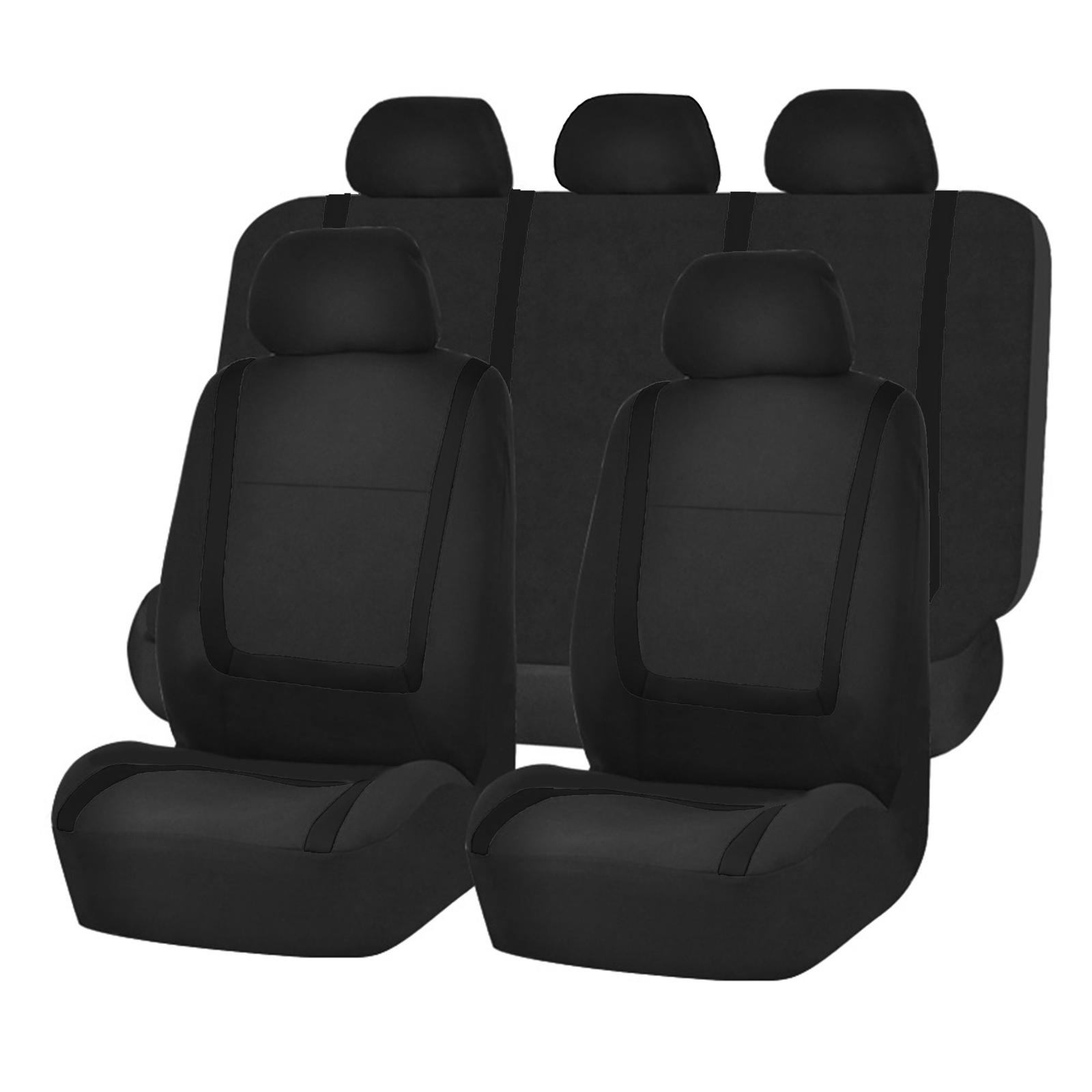 Full Set Car Auto Seat Covers Solid Black with Heavy Duty Floor Mats 5 Head Rest