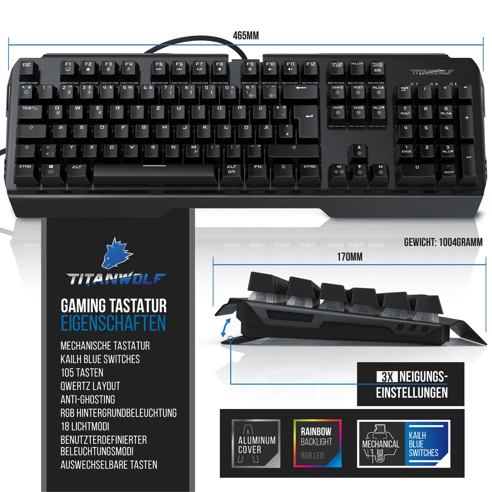 Titanwolf Alumar Gaming Tastatur QWERTZ Layout mechanisch LED Beleuchtung Aktion - Bild 2 von 4