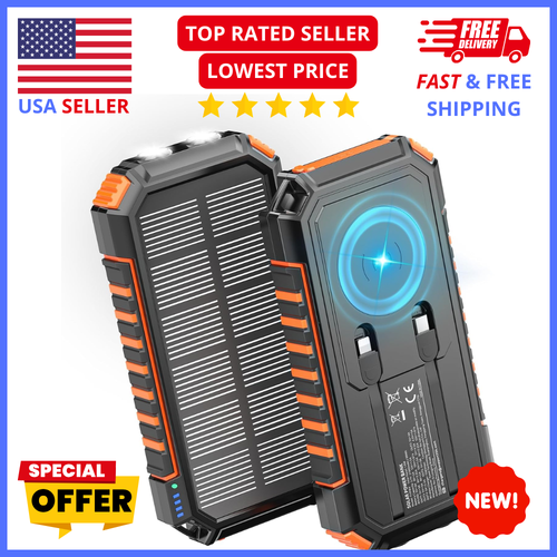 Solar Power Bank w/ Built-in Cables 27000mAh Wireless,Fast Charging,USB C,Lights