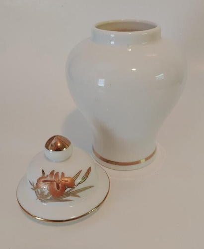 Gorgeous Ginger Jar with bronze colored lilies and green leaves with gold trim - Picture 8 of 12