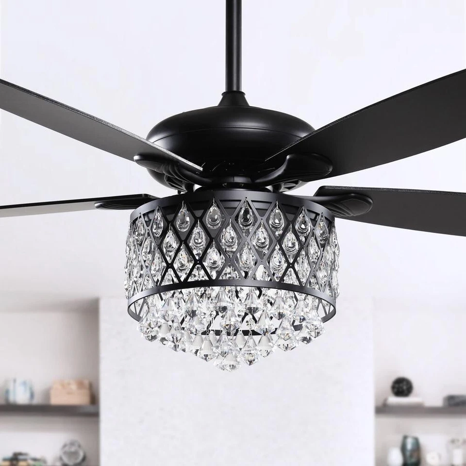 52" Matte Black Indoor Crystal Ceiling Fan Metal Bowl Light Remote Control - Image 2 of 4