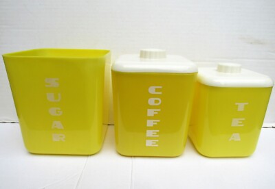 Vintage 3-pc yellow Lustro-Ware Plastic Corp. Sugar Coffee Tea canister set NOS