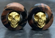 PAIR Brass Skull Ebony Wood Tunnels Plugs Organic Earlets Gauges Body Jewelry