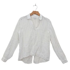 Saks Fifth Avenue Top Womens Small White  Linen Pinstripe V-Neck Long Sleeve