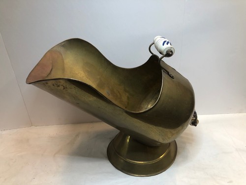 Large Vintage Brass Coal Ash Scuttle Fireplace Bucket Porcelain Handles