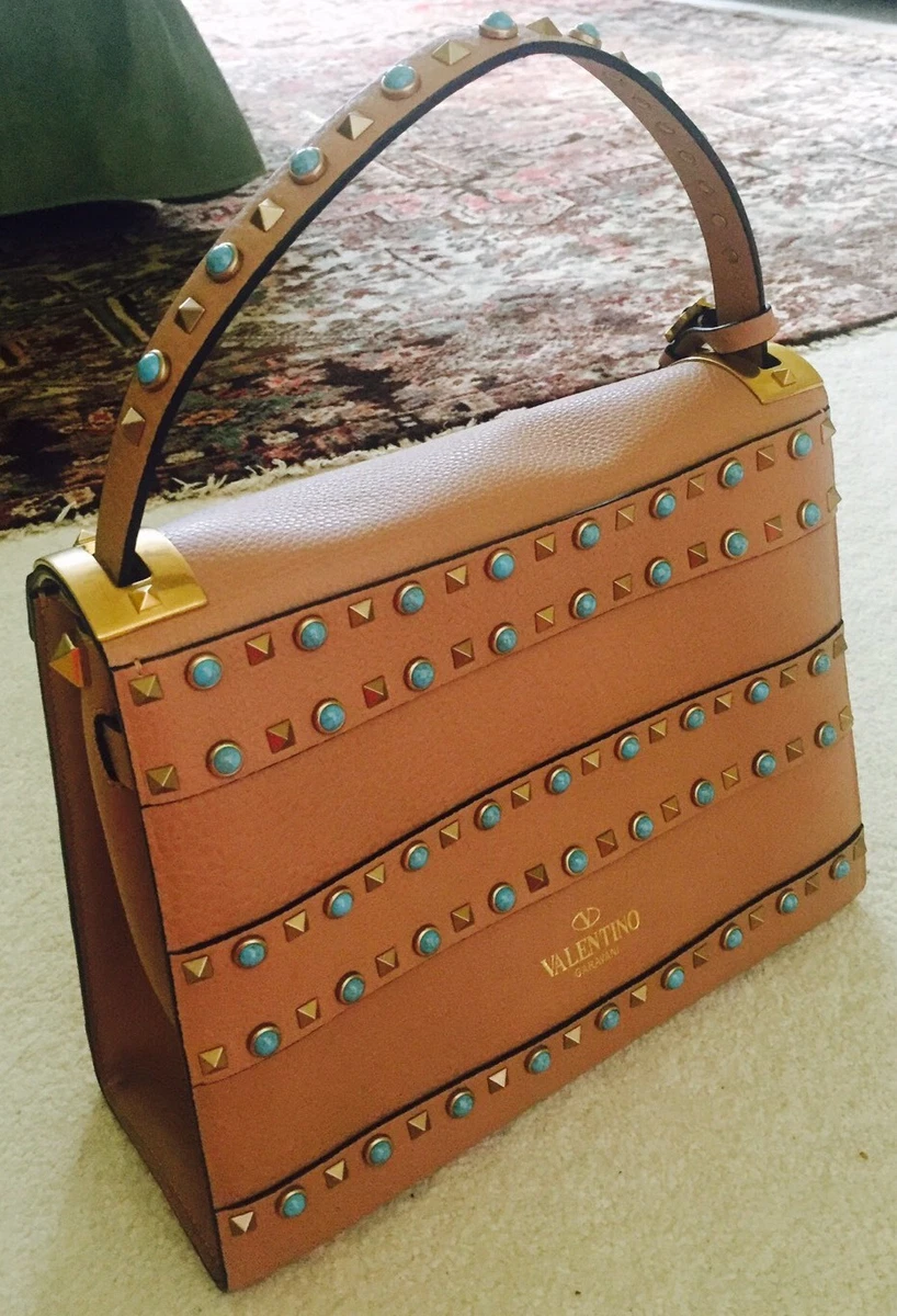 VALENTINO Gorgeous Turquoise ROCKSTUD NATIVE COUTURE Medium Beige Tan    Handbag