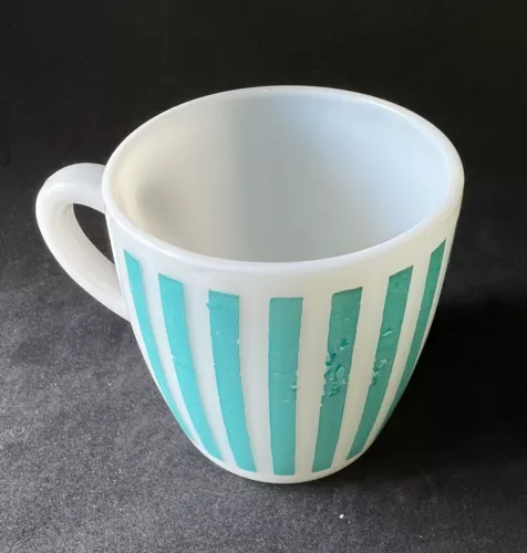 Vintage Hazel Atlas Milk Glass Turquoise Blue Candy Stripe Cup Mug