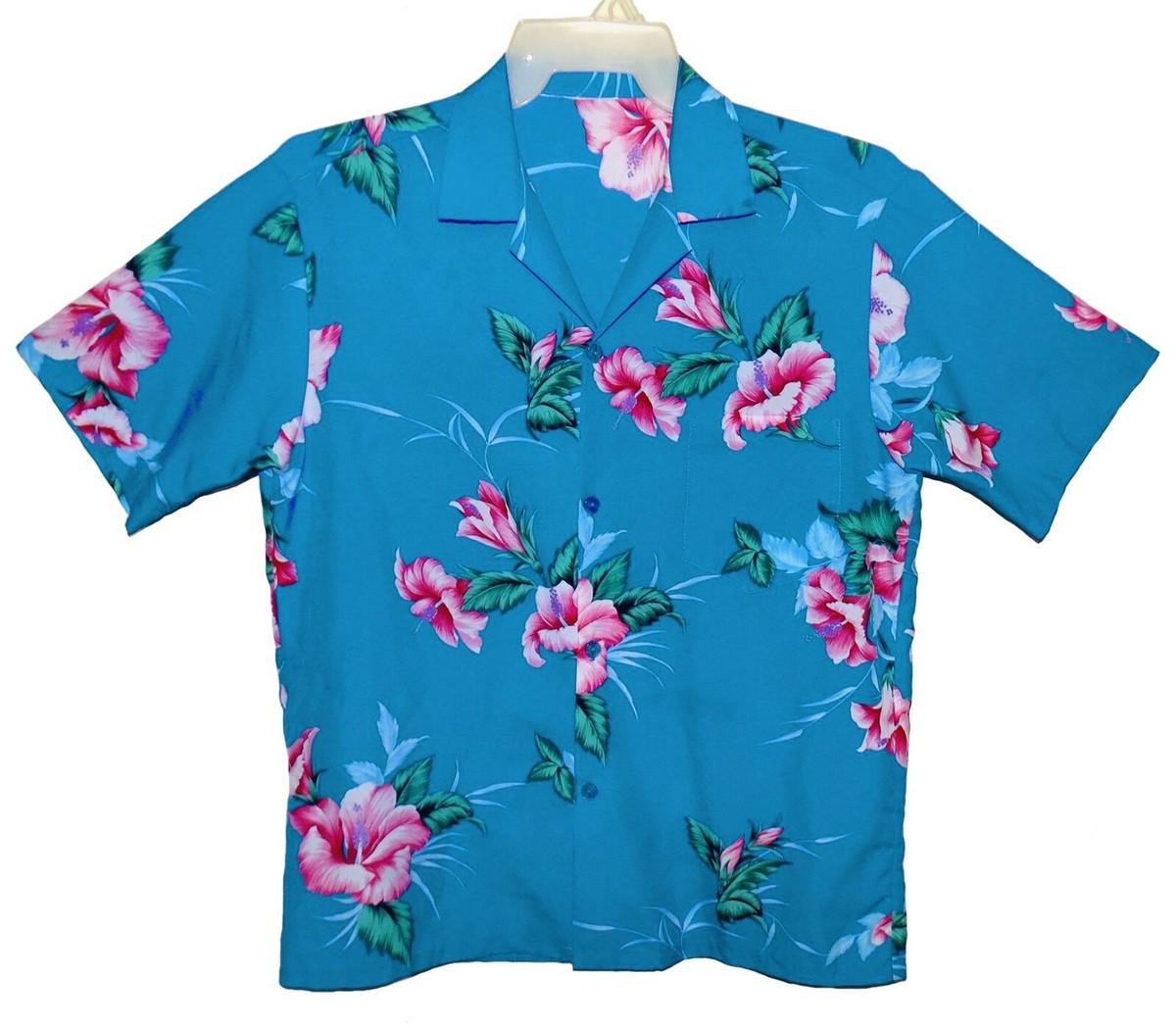 TVM❣️ Sz M Vintage Hawaiian Aloha Shirt Tropical Floral Turquoise & Hot