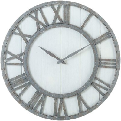 OLDTOWN Farmhouse Metal & Solid Wood Noiseless Wall Clock (Whitewash, 18-inch)