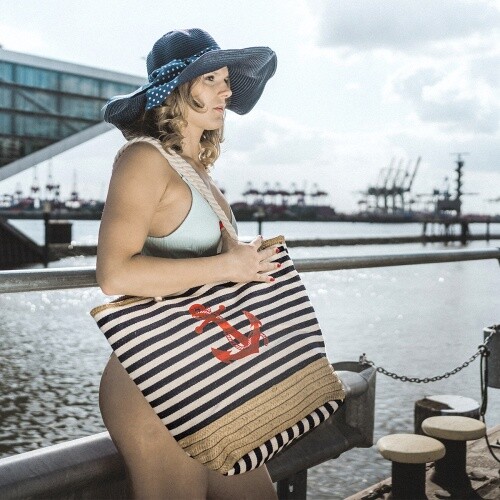 Bolso de playa shopper grande a rayas con estampado de ancla adorno de rafia marítimo nuevo - Imagen 7 de 46
