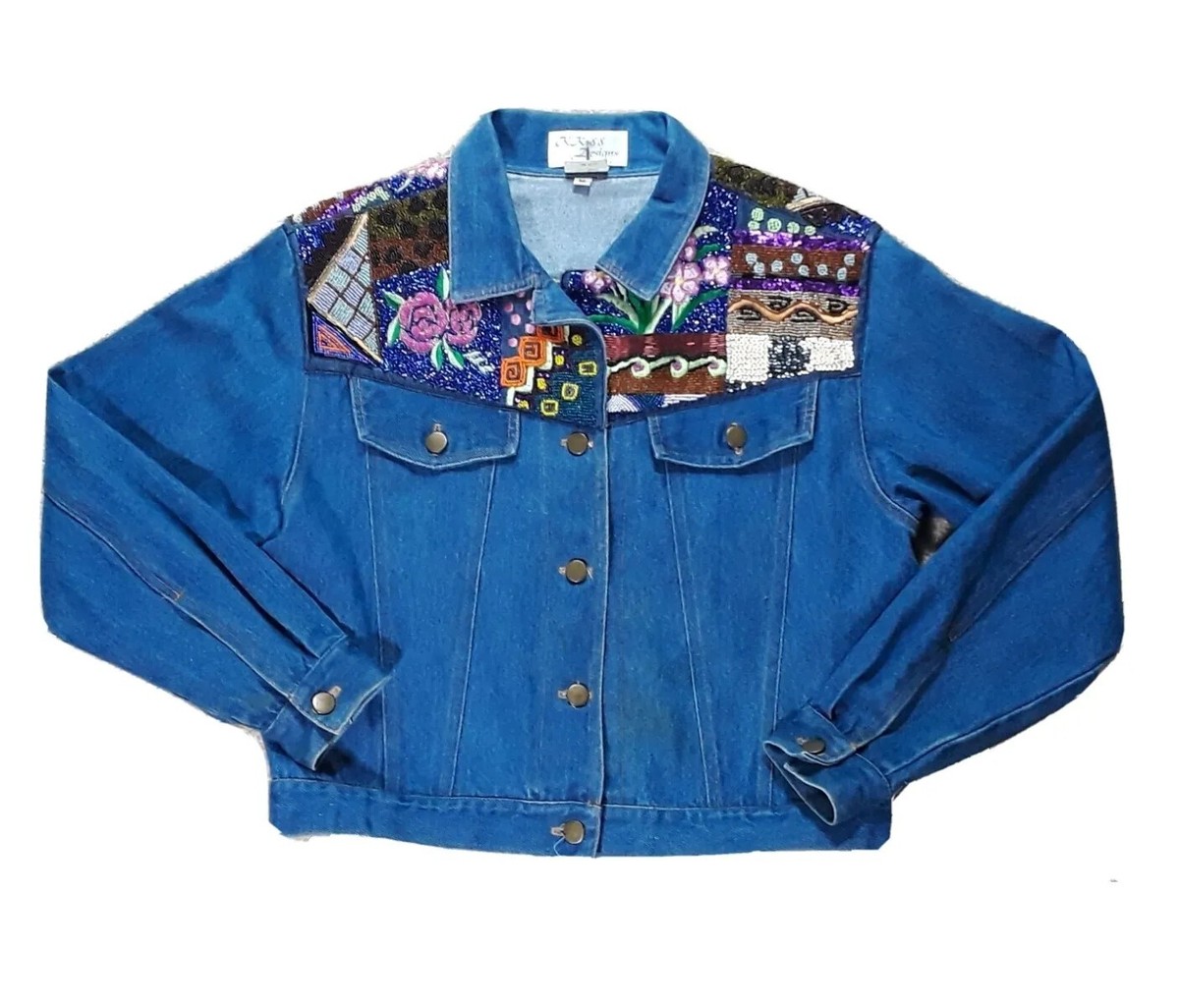 Vtg KK 88 Designs Beaded Blue Floral Geometric Jacket Medium