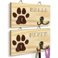 2 Pack Dog Leash Holder Wall Mount, Pet Harness Hanger with Scrabble Letters,...