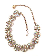 Vtg AB Aurora Borealis Rhinestone Linked Floral Gold Tone Choker Necklace