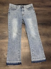 Tribal Cropped Ankle Blue Jeans Raw Hem Straight Elastic Stretch Waist 8M 30x26