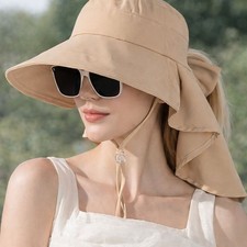 Women's Hiking Sun Hat Wide Brim UV Protection Neck Flap Ponytail Khaki
