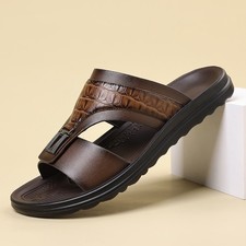 Men's Croc-Embossed Slide Sandals, PU Leather, Comfort Non-Slip Rubber Sole