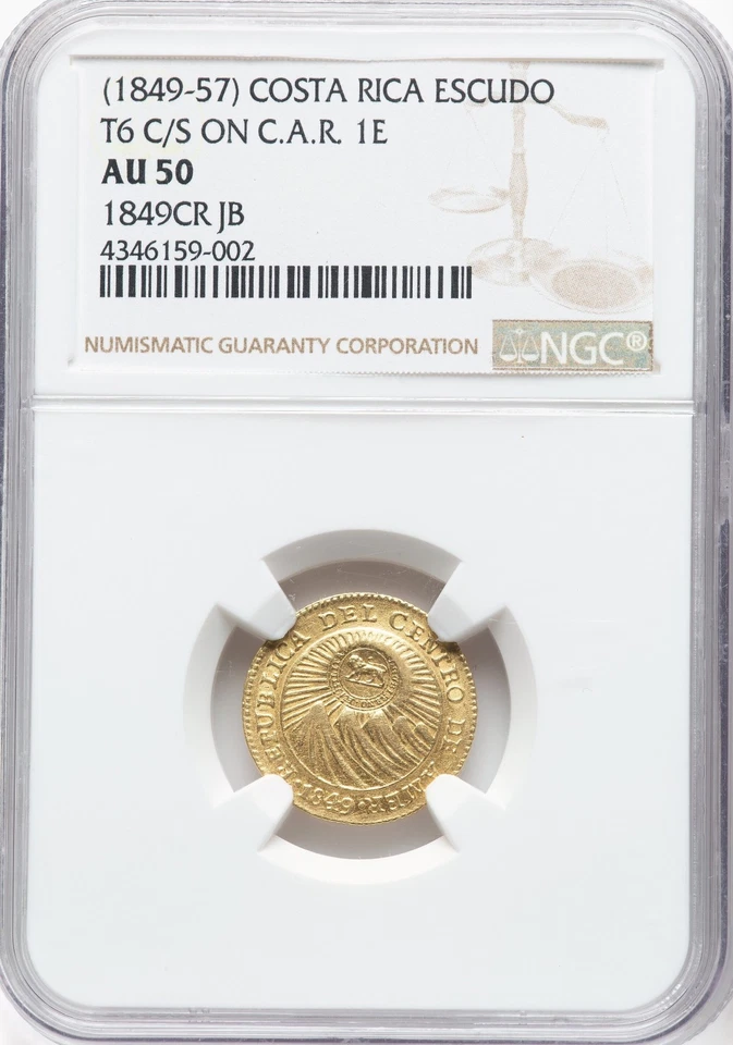 Costa Rica: Republic Gold Counterstamped Escudo ND (1849-1857) CR-E NGC AU-50! - Image 3 of 4