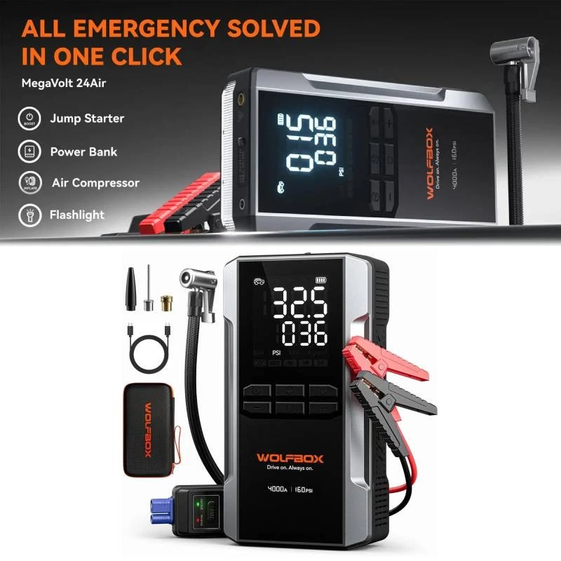 WOLFBOX 4000A Starthilfegerät und 160PSI Luftkompressor Ladegerät Powerbank