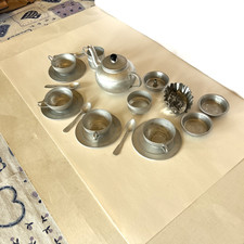 Vintage Aluminum Children  s Play Kitchen with Accessories 19 Piece.