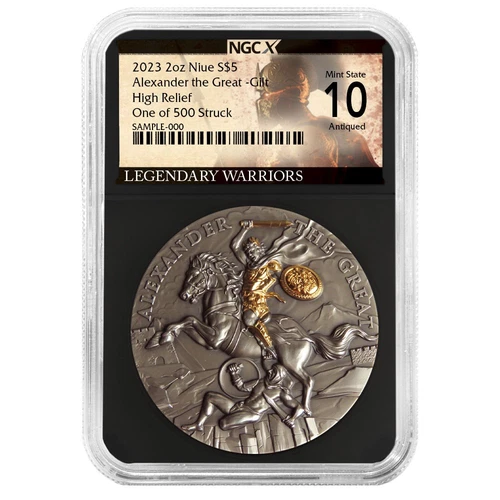 2023 Alexander the Great 2 oz High Relief Silver Antiqued & Gold Gilded N...