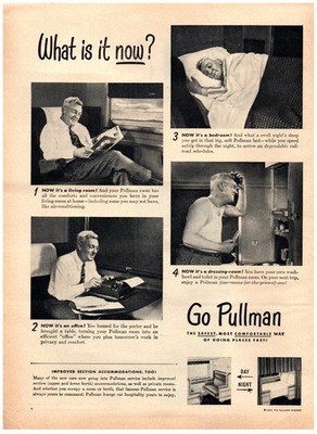 PRINT AD, 1947 Go Pullman Train Lounge Cars 40's Safe Railroad Luxury Travel