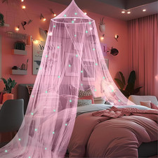 Pink Princess Bed Canopy for Girls with Glow in the Dark Stars, Canopy Net Fits