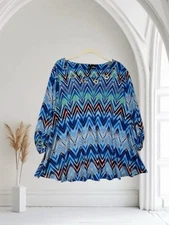 New Directions Chevron Print Ruched Sleeve Top Women’s Large Petite Boho Chic
