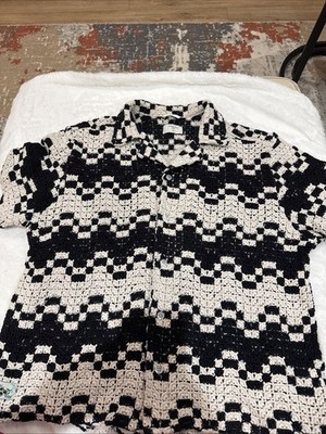 PERCIVAL Naples Geometric Crochet Camp Shirt Small Black & White NWOT