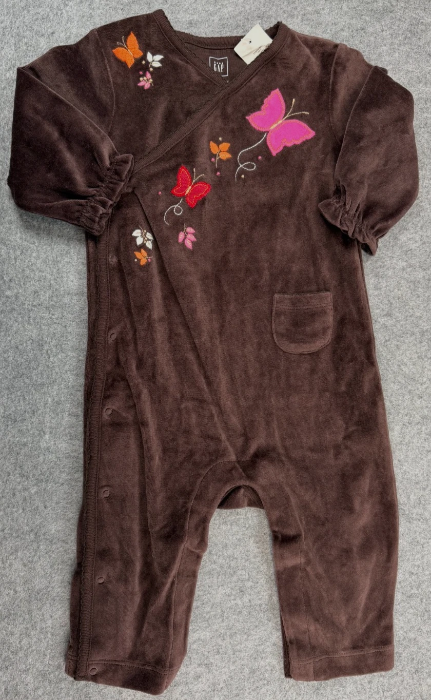 Baby Girl Clothes New Vintage Gap 6-12 Month Brown Velour Butterfly Outfit