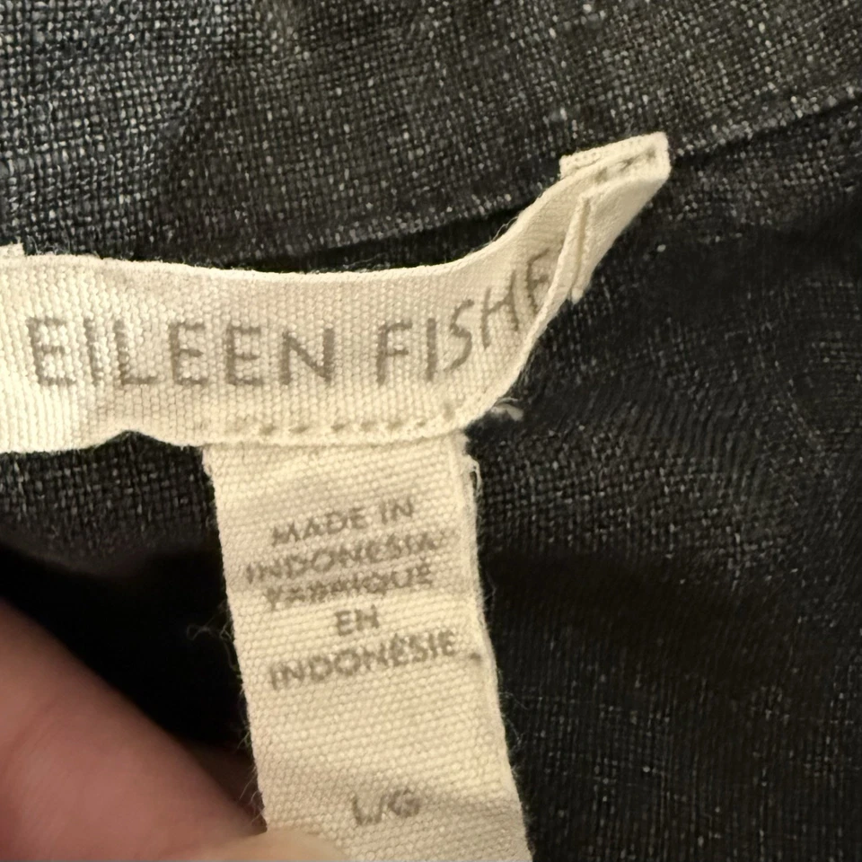 Eileen Fisher 亚麻经典领方格衬衫女式大号灰色黑色纽扣 — 第 4/4 张图片