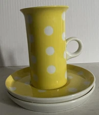 F&F Fitz & Floyd Yellow White Polka Dot One (1) Coffee Cup & Two (2) Saucers