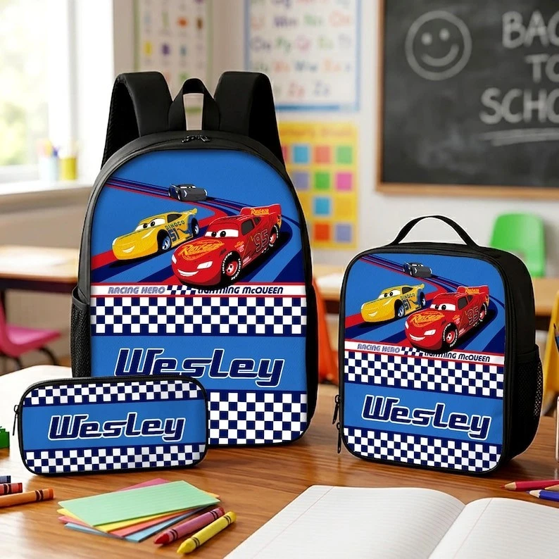 Personalized Red Racing Car Backpack Lunch Bag Pencil Case 3PCS School Set