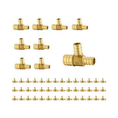 50-Pack Foskan PEX Fittings, 1''x3/4''x3/4'' Reducing Tee,Brass Barb Crimp PEX F...